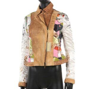 AUTH Roberto Cavalli Printed Silk Patchwork and Suede Leather Jacket NWT